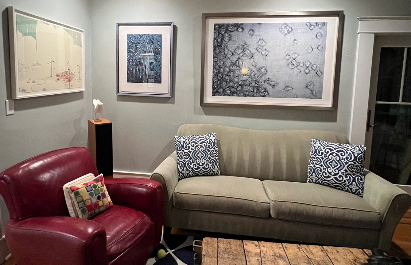 Ann Shafers living room (left to right): Amze Emmons, Barbara Takenaga, Ann Hamilton